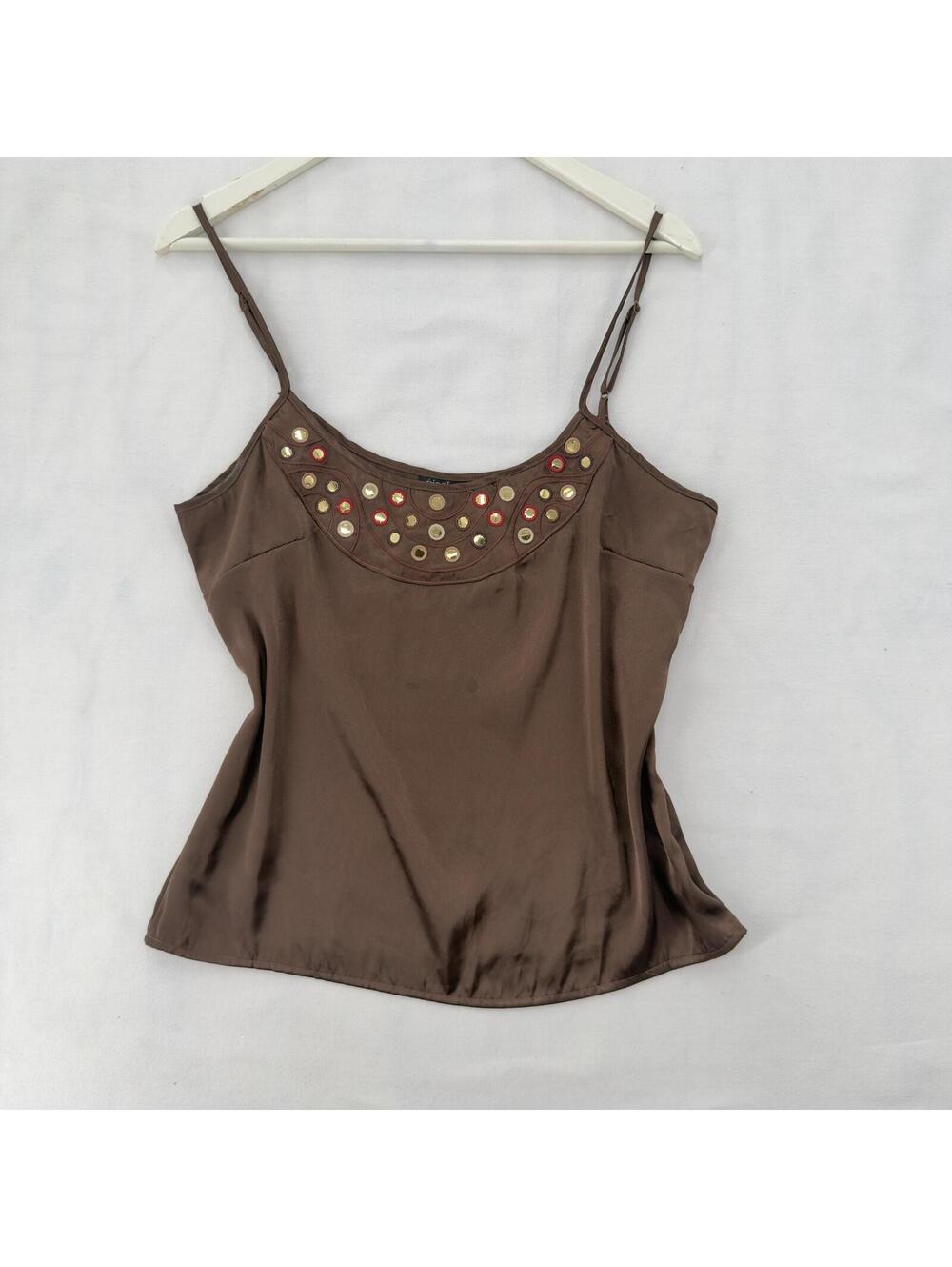 Nicole by Nicole Miller Brown Satin Cami Mirror Embellished Neckline Y2K Size 8